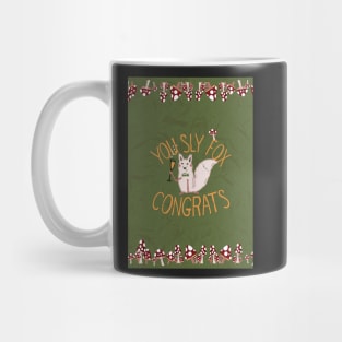 You Sly Fox, Congrats! with white fox and fly agaric mushrooms - green, yellow Mug